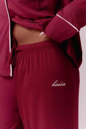 Kaiia Contrast Piping Button Down Top & Trouser Pyjama Set Burgundy & Pink