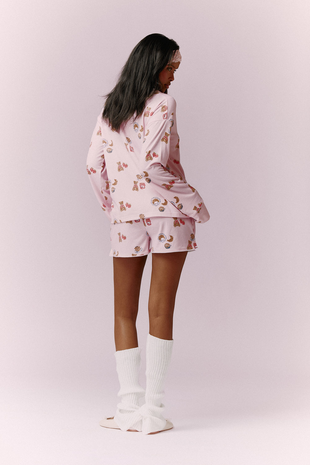 Kaiia Teddy Bear Print Button Down Top and Short Pyjama Set Baby Pink