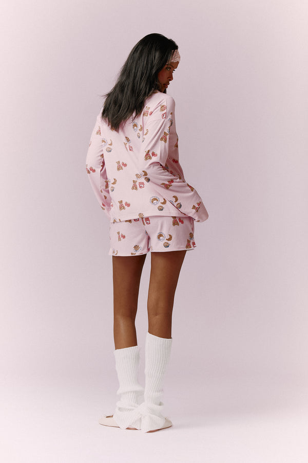 Kaiia Teddy Bear Print Button Down Top and Short Pyjama Set Baby Pink