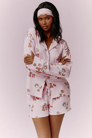 Kaiia Teddy Bear Print Button Down Top and Short Pyjama Set Baby Pink