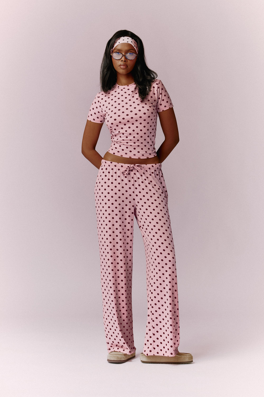 Kaiia Polka Dot Baby Tee and Trouser Pyjama Set Baby Pink & Burgundy