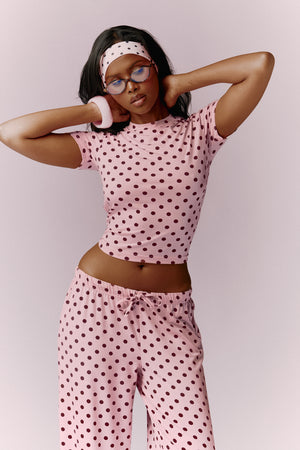 Kaiia Polka Dot Baby Tee and Trouser Pyjama Set Baby Pink & Burgundy