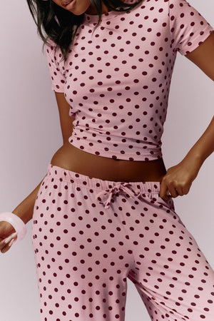 Kaiia Polka Dot Baby Tee and Trouser Pyjama Set Baby Pink & Burgundy