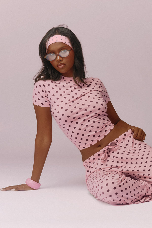 Kaiia Polka Dot Baby Tee and Trouser Pyjama Set Baby Pink & Burgundy
