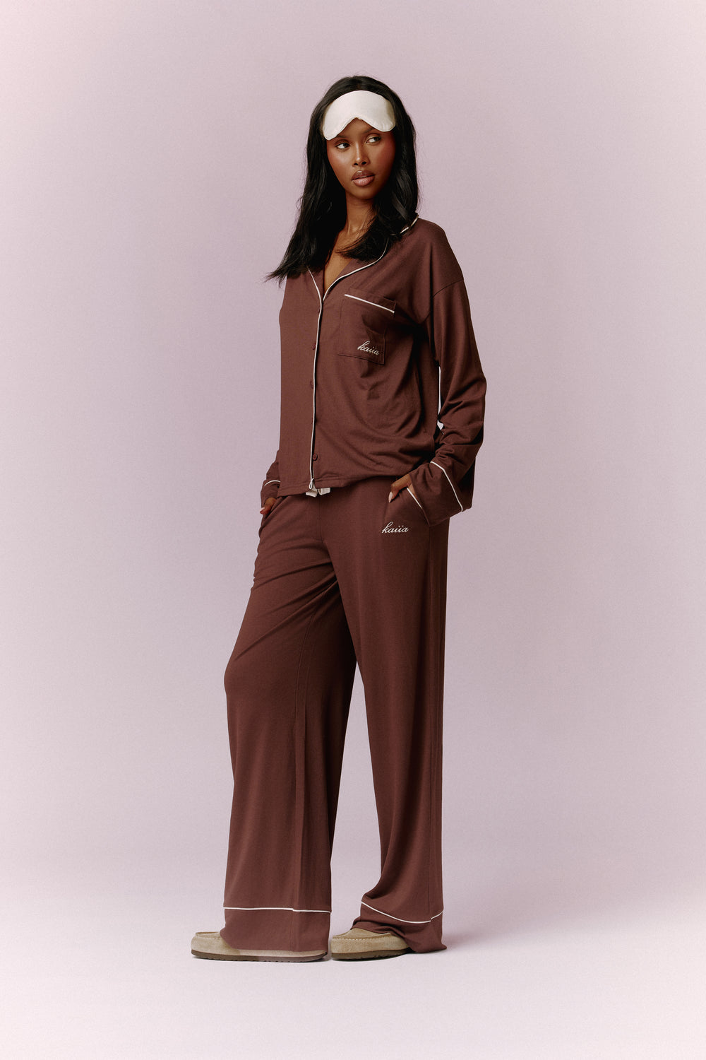 Kaiia Contrast Piping Button Down Top & Trouser Pyjama Set Chocolate & Cream