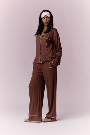 Kaiia Contrast Piping Button Down Top & Trouser Pyjama Set Chocolate & Cream