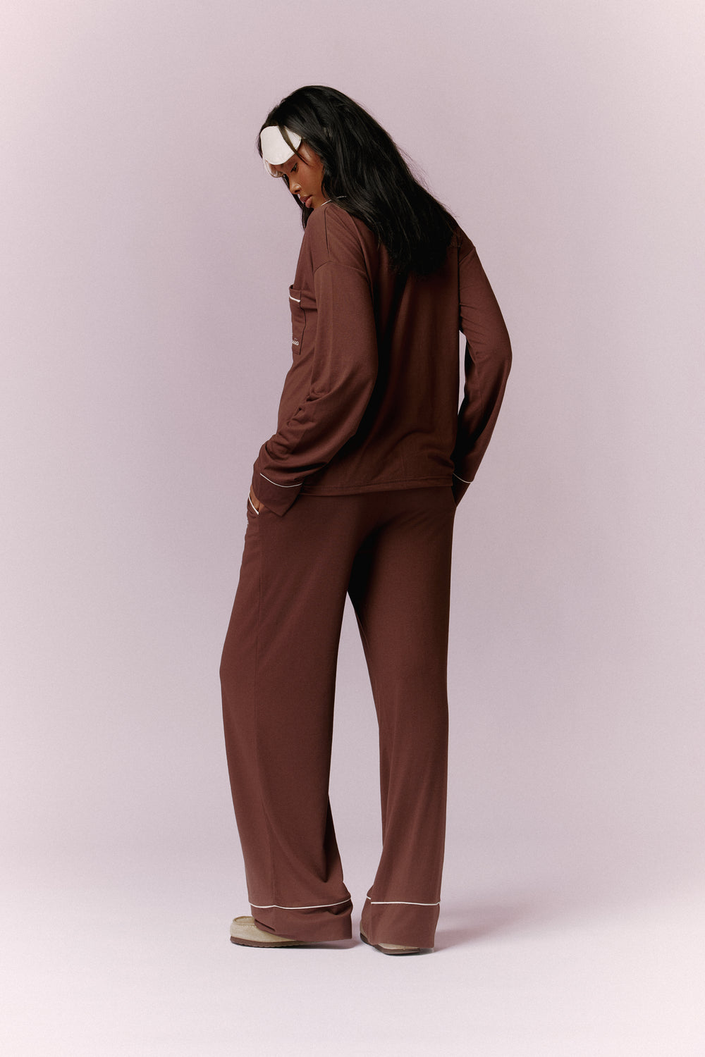 Kaiia Contrast Piping Button Down Top & Trouser Pyjama Set Chocolate & Cream