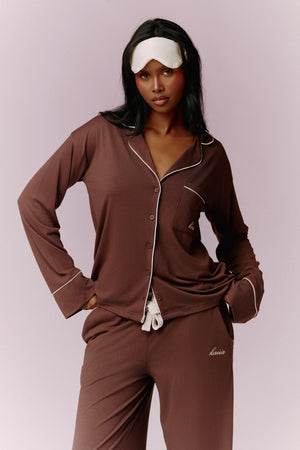 Kaiia Contrast Piping Button Down Top & Trouser Pyjama Set Chocolate & Cream