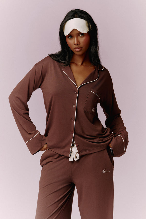 Kaiia Contrast Piping Button Down Top & Trouser Pyjama Set Chocolate & Cream