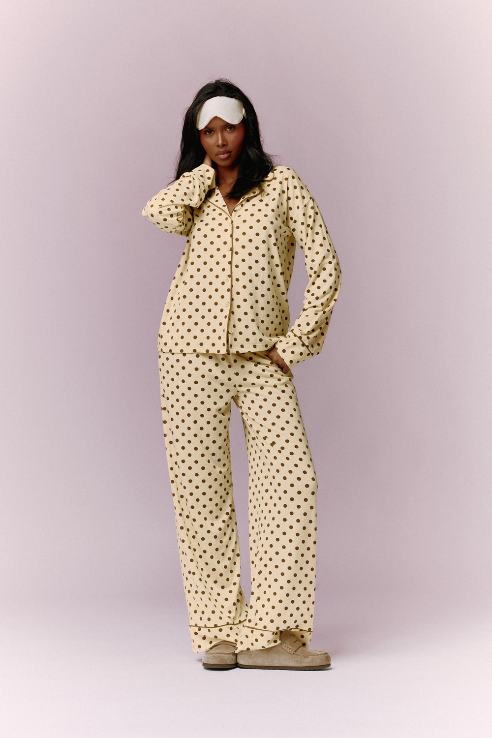Kaiia Polka Dot Button Down Top & Trouser Pyjama Set Lemon & Brown