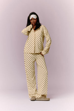 Kaiia Polka Dot Button Down Top & Trouser Pyjama Set Lemon & Brown