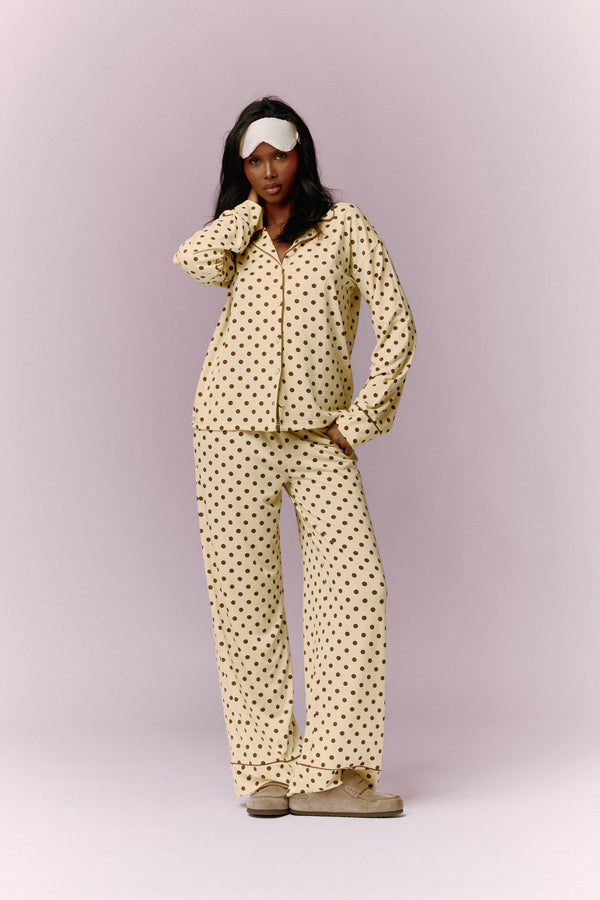 Kaiia Polka Dot Button Down Top & Trouser Pyjama Set Lemon & Brown