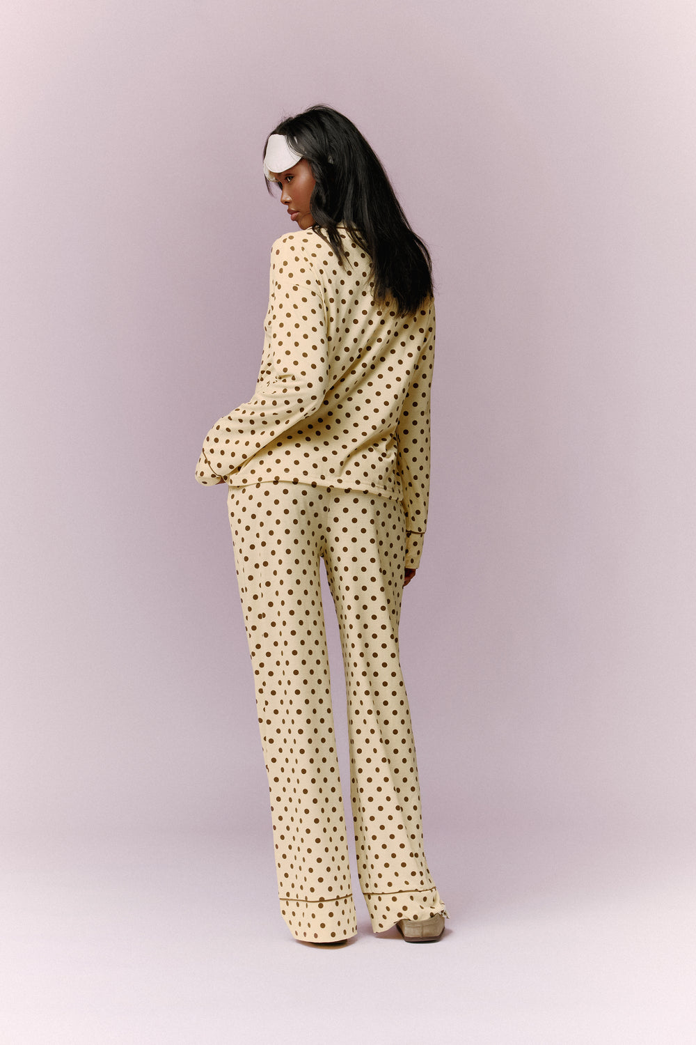 Kaiia Polka Dot Button Down Top & Trouser Pyjama Set Lemon & Brown