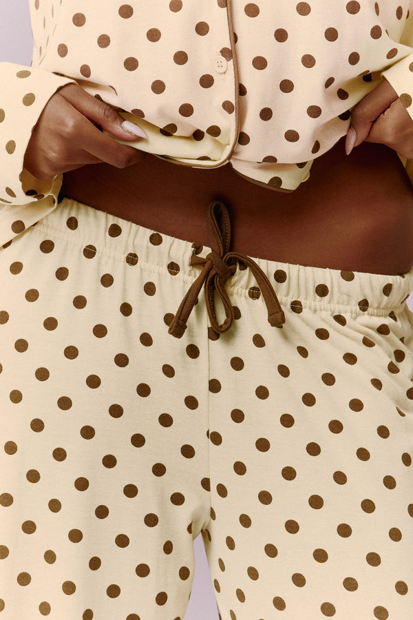 Kaiia Polka Dot Button Down Top & Trouser Pyjama Set Lemon & Brown