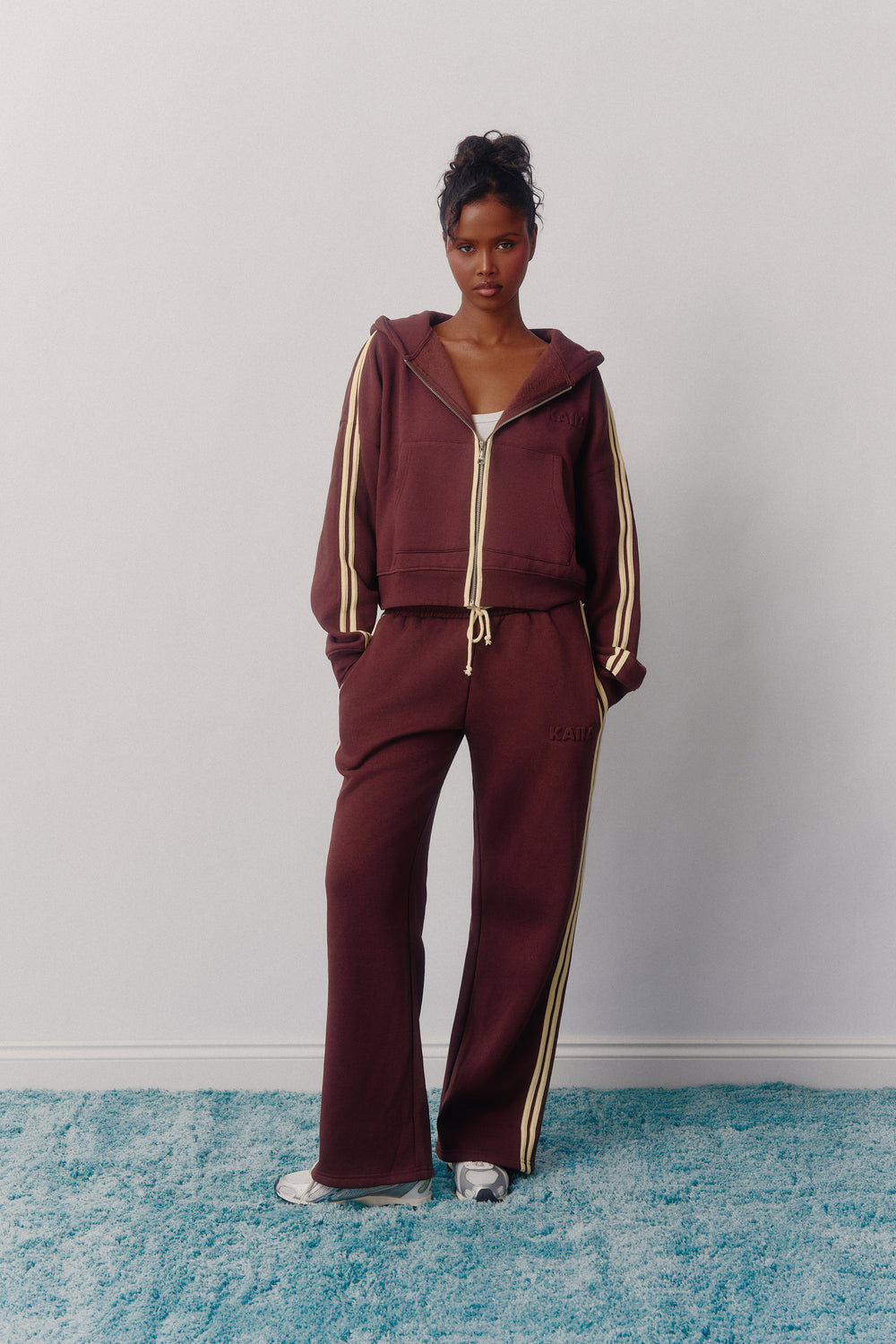 Kaiia Logo Side Stripe Wide Leg Joggers Mocha Brown & Lemon