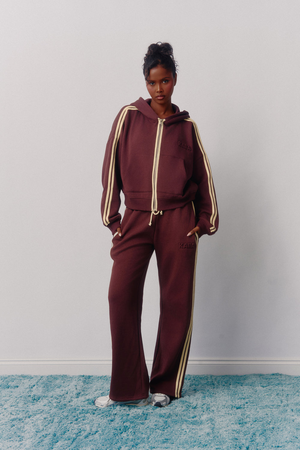 Kaiia Logo Side Stripe Wide Leg Joggers Mocha Brown & Lemon