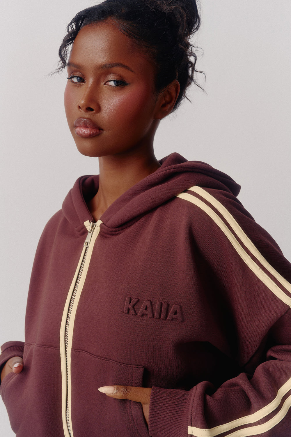 Kaiia Sport Side Stripe Oversized Zip Through Hoodie Mocha Brown & Lemon