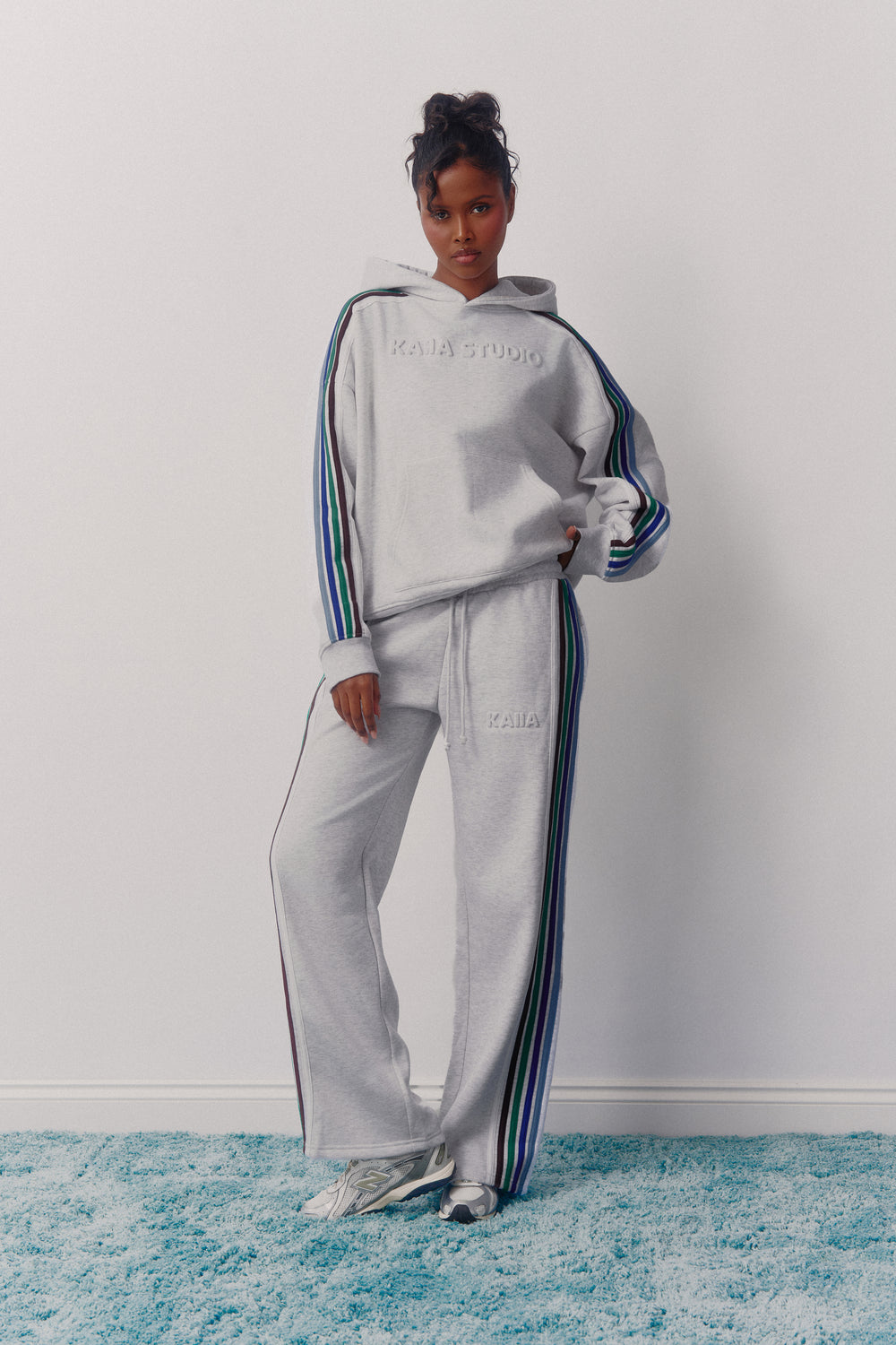 Kaiia Logo Sport Stripe Wide Leg Joggers Light Grey Marl & Multi Stripe