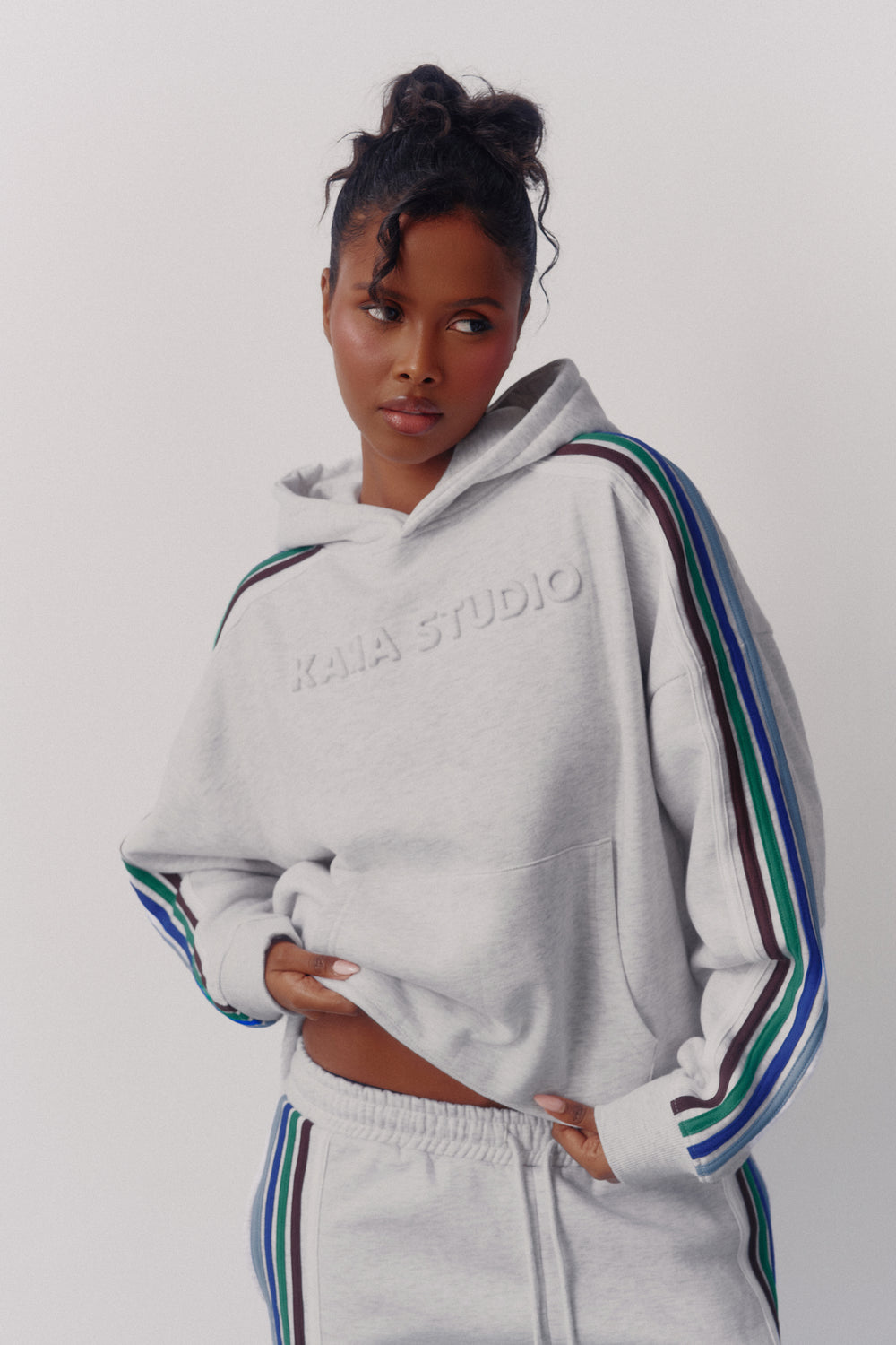 Kaiia Studio Sport Stripe Oversized Hoodie Light Grey Marl & Multi Stripe