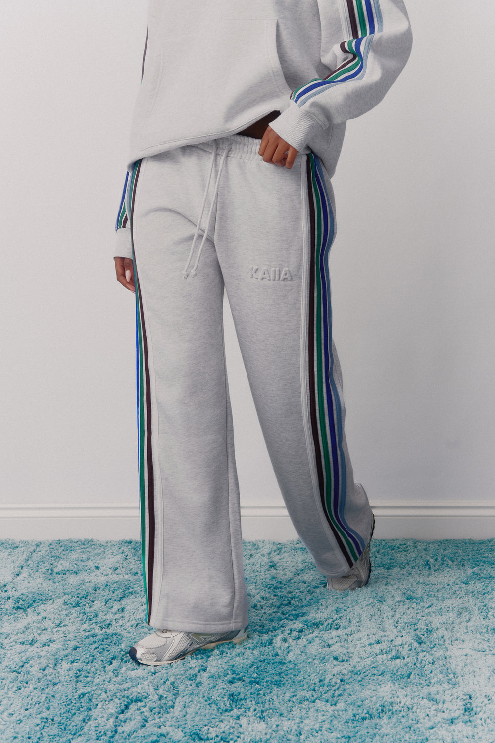 Kaiia Logo Sport Stripe Wide Leg Joggers Light Grey Marl & Multi Stripe