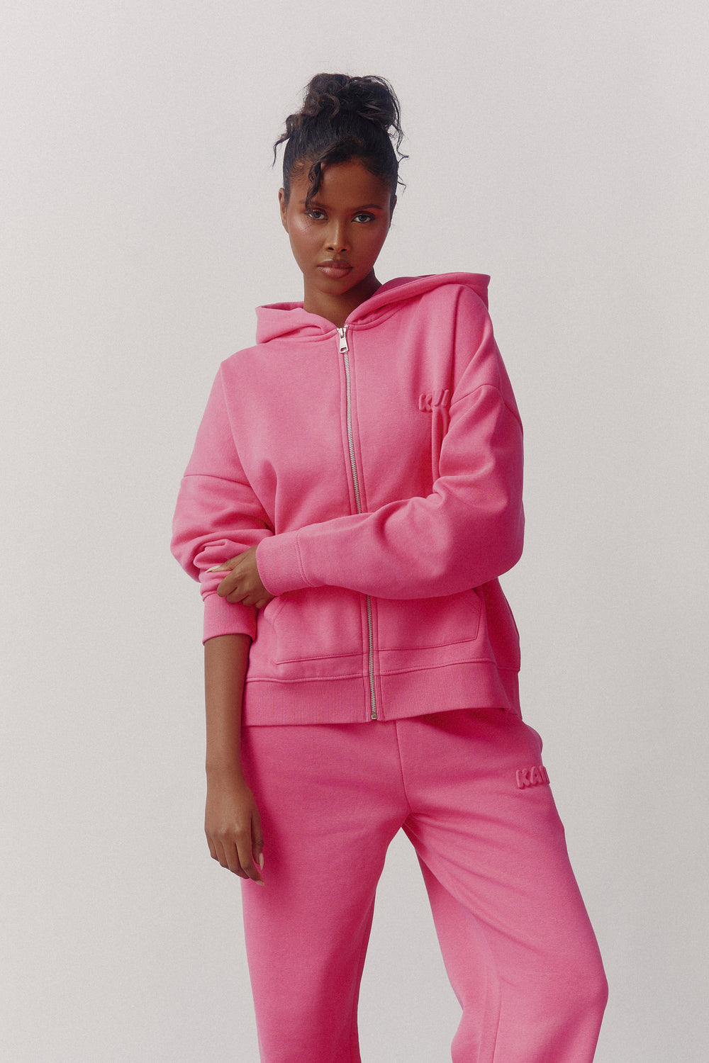 Kaiia Embossed Logo Oversized Zip Through Hoodie Fuchsia Pink