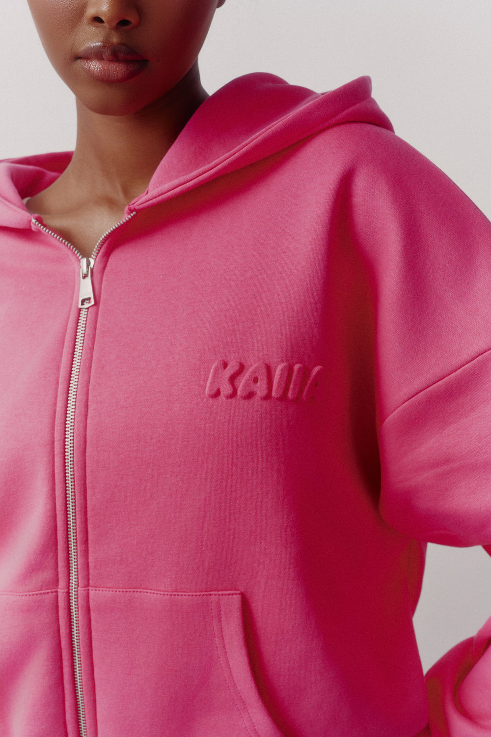 Kaiia Embossed Logo Oversized Zip Through Hoodie Fuchsia Pink