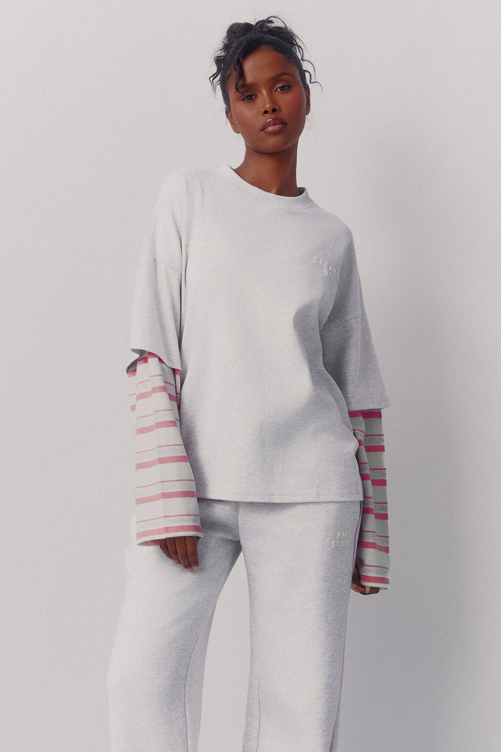 Kaiia Double Layered Oversized T-shirt Light Grey Marl & Pink