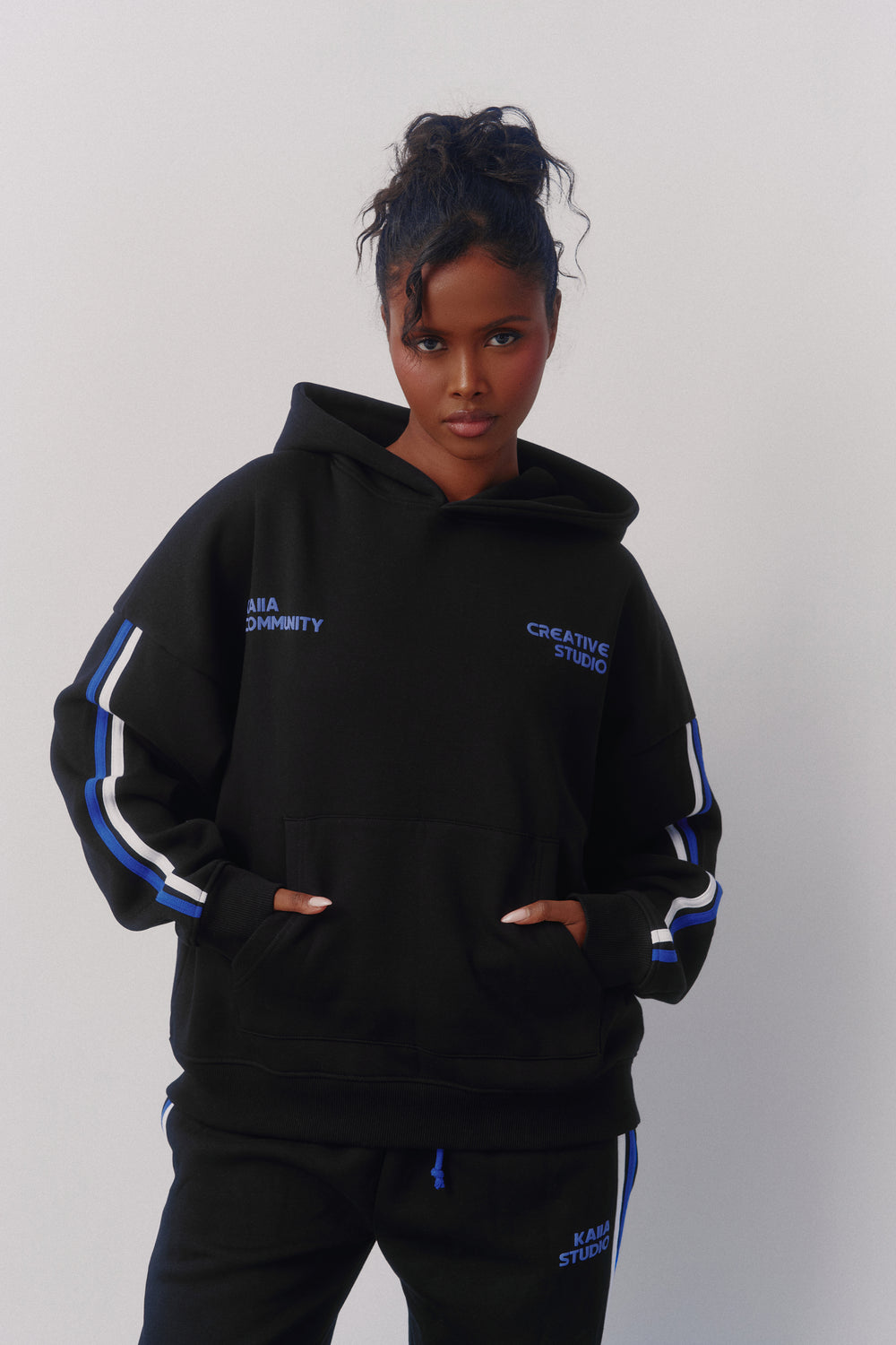 Kaiia Sport Side Stripe Oversized Zip Through Hoodie Black & Cobalt