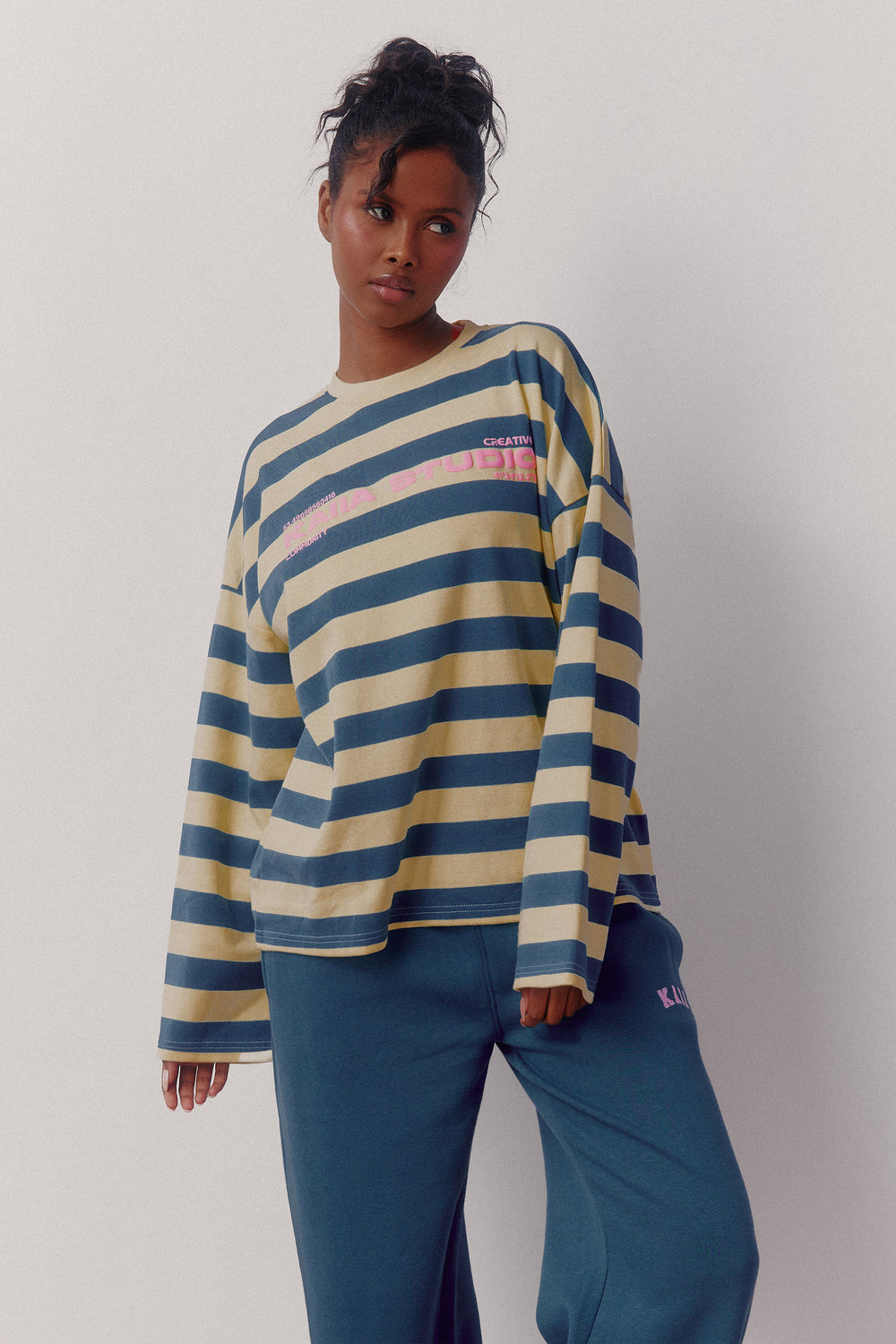 Kaiia Graphic Striped Oversized T-shirt Deep Teal & Lemon