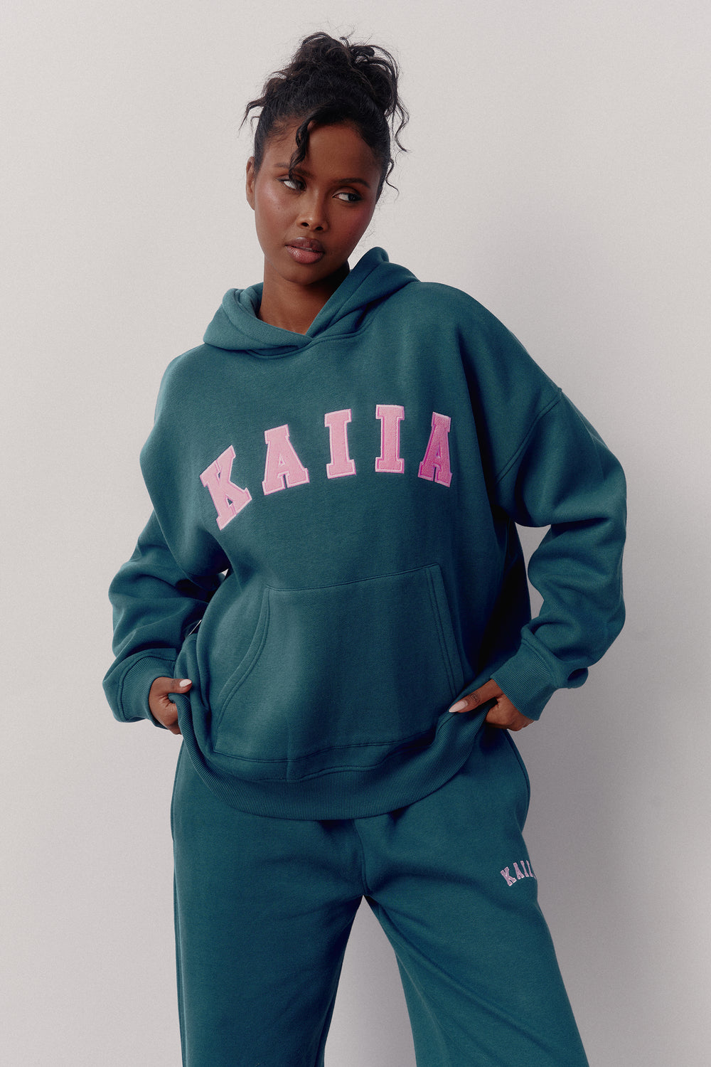 Kaiia Slogan Oversized Hoodie Deep Teal & Pink