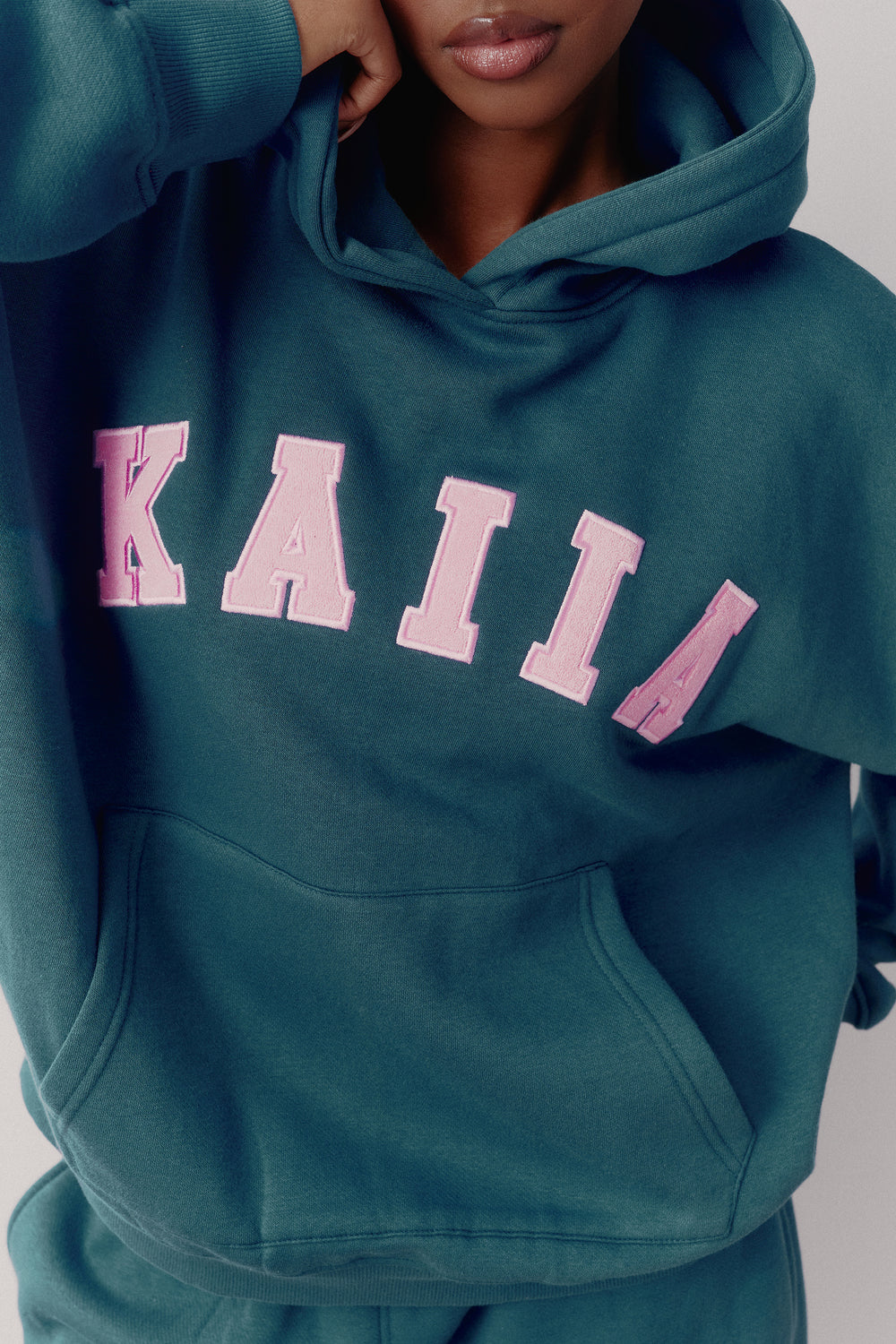Kaiia Slogan Oversized Hoodie Deep Teal & Pink