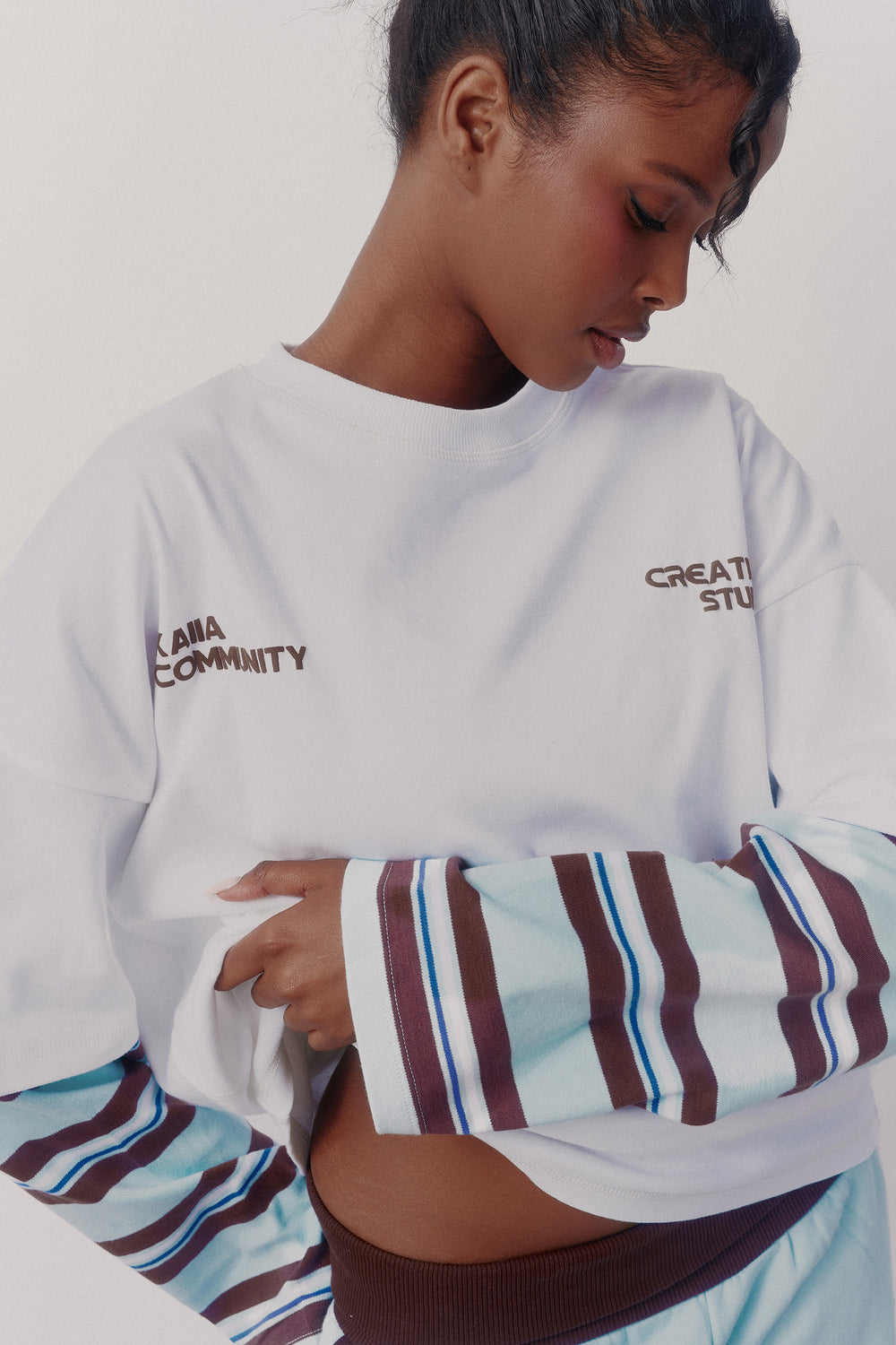 Kaiia Double Layered Oversized T-shirt White & Pale Blue