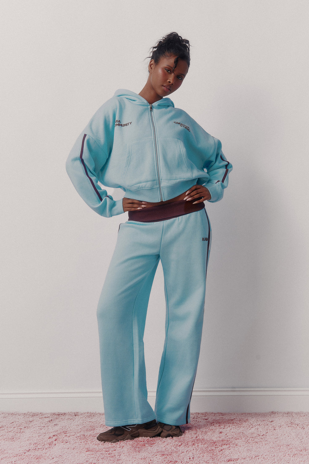 Kaiia Side Stripe Foldover Wide Leg Joggers Pale Blue & Chocolate