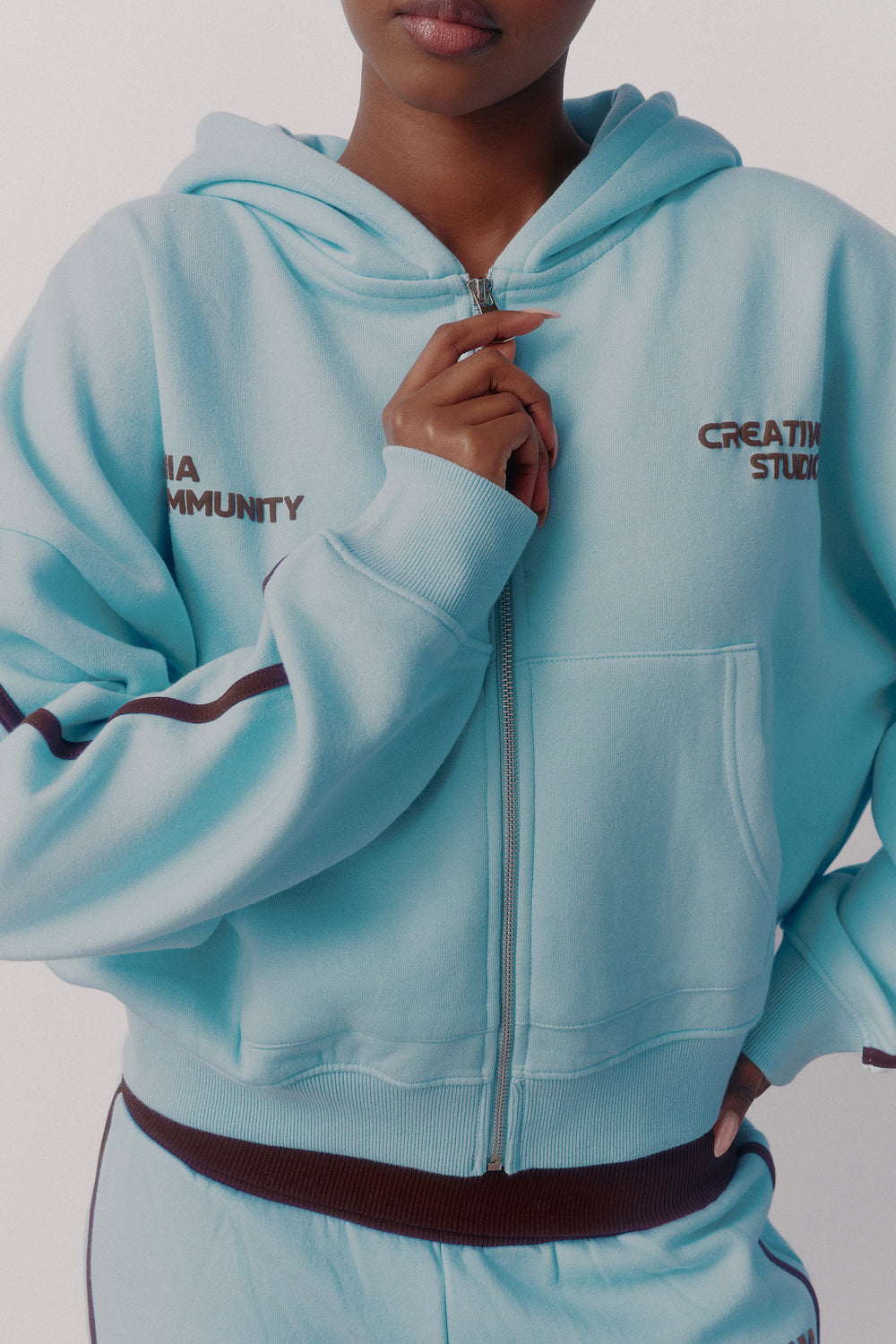 Kaiia Sport Side Stripe Oversized Zip Through Hoodie Pale Blue & Chocolate