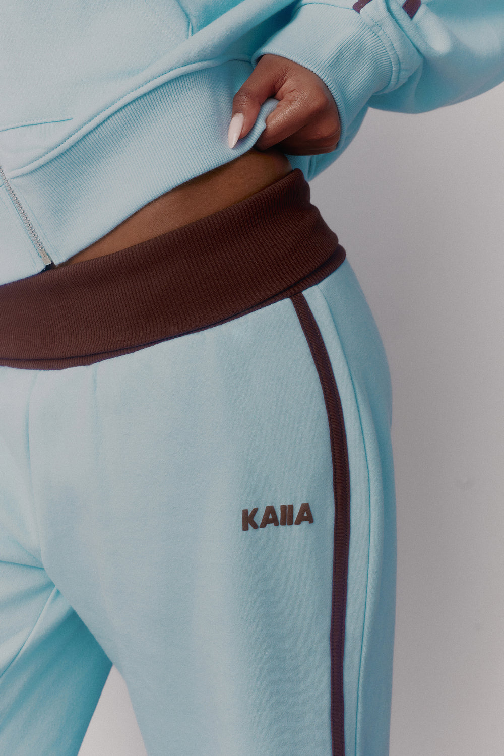 Kaiia Side Stripe Foldover Wide Leg Joggers Pale Blue & Chocolate