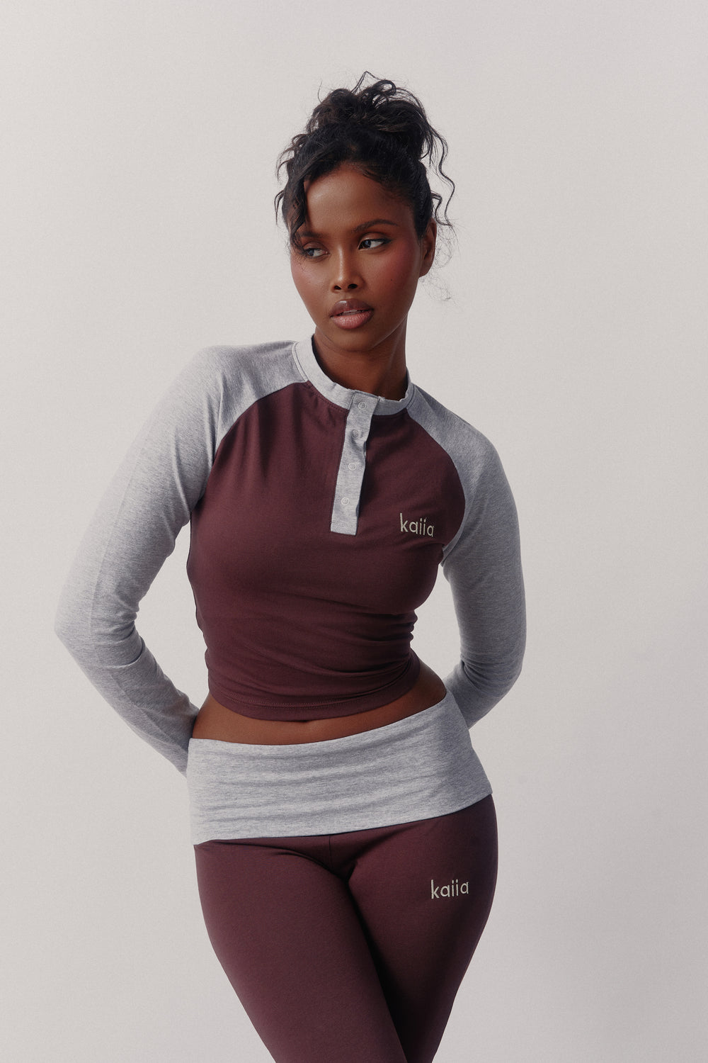 Kaiia Henley Long Sleeve Top Mocha Brown & Grey
