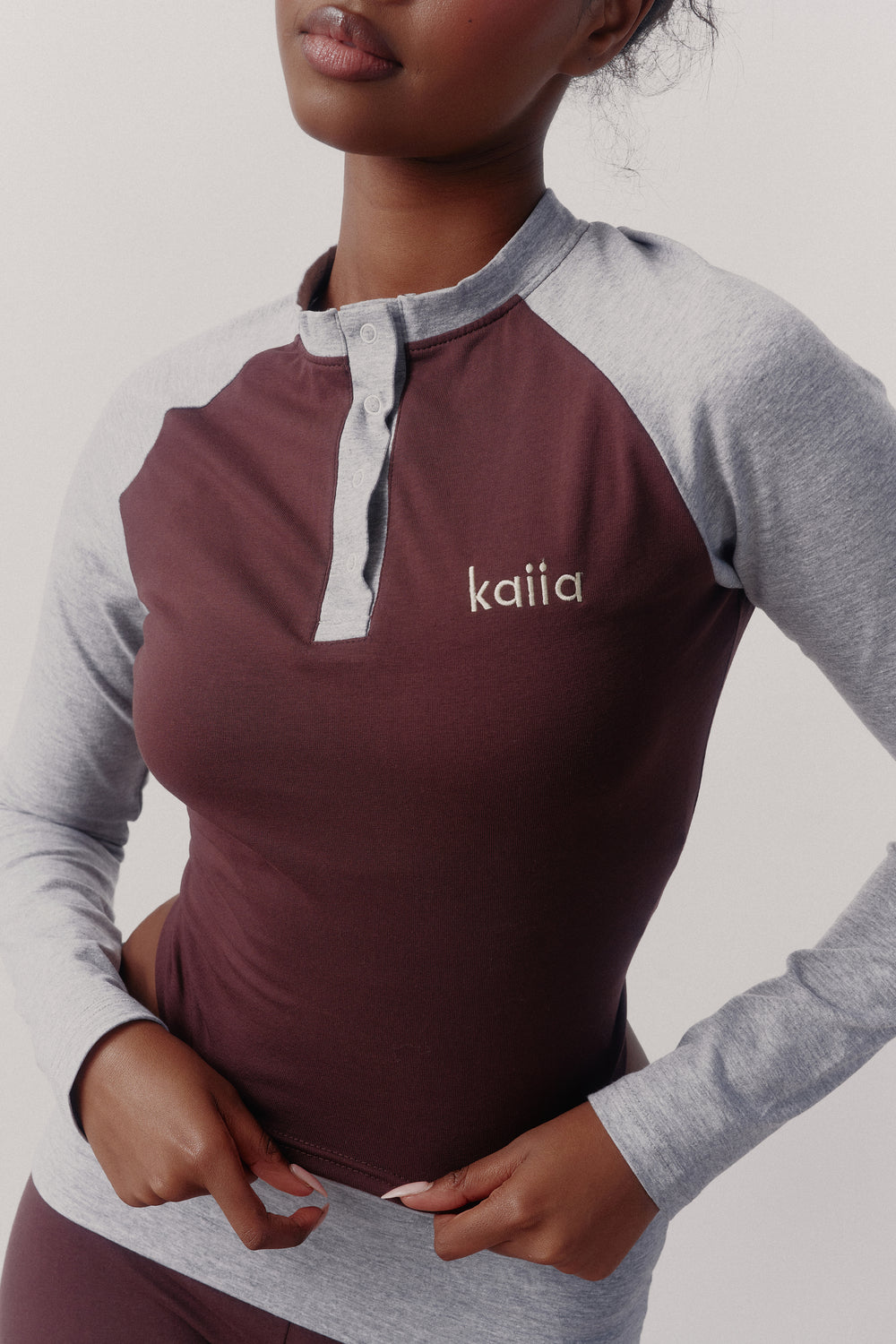 Kaiia Henley Long Sleeve Top Mocha Brown & Grey