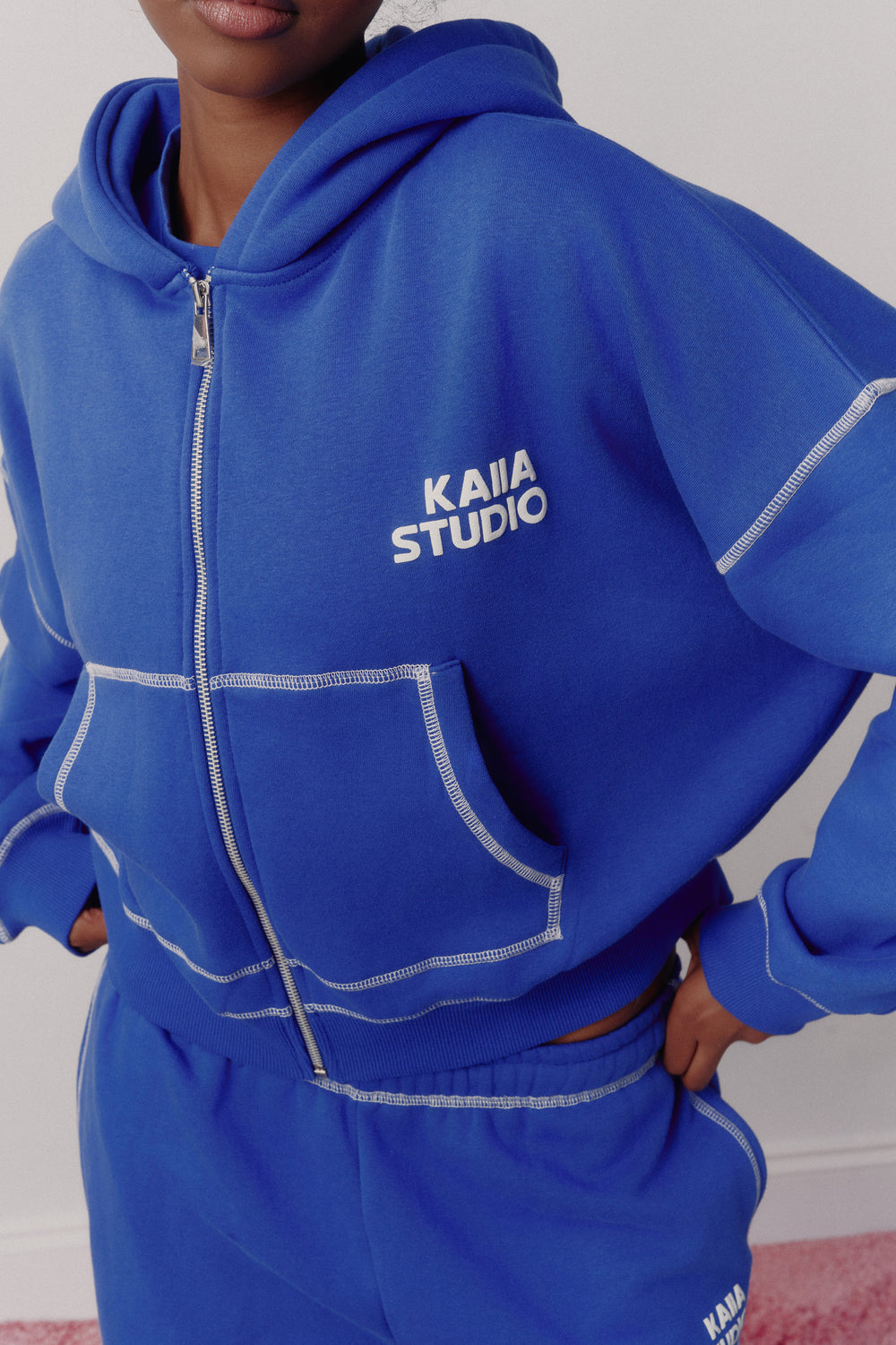 Kaiia Contrast Chainstitch Oversized Zip Through Hoodie Cobalt & White