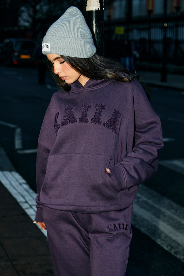 Kaiia Borg Slogan Oversized Hoodie Deep Purple