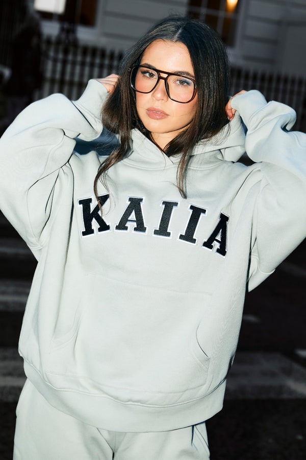 Kaiia Slogan Oversized Hoodie Pebble