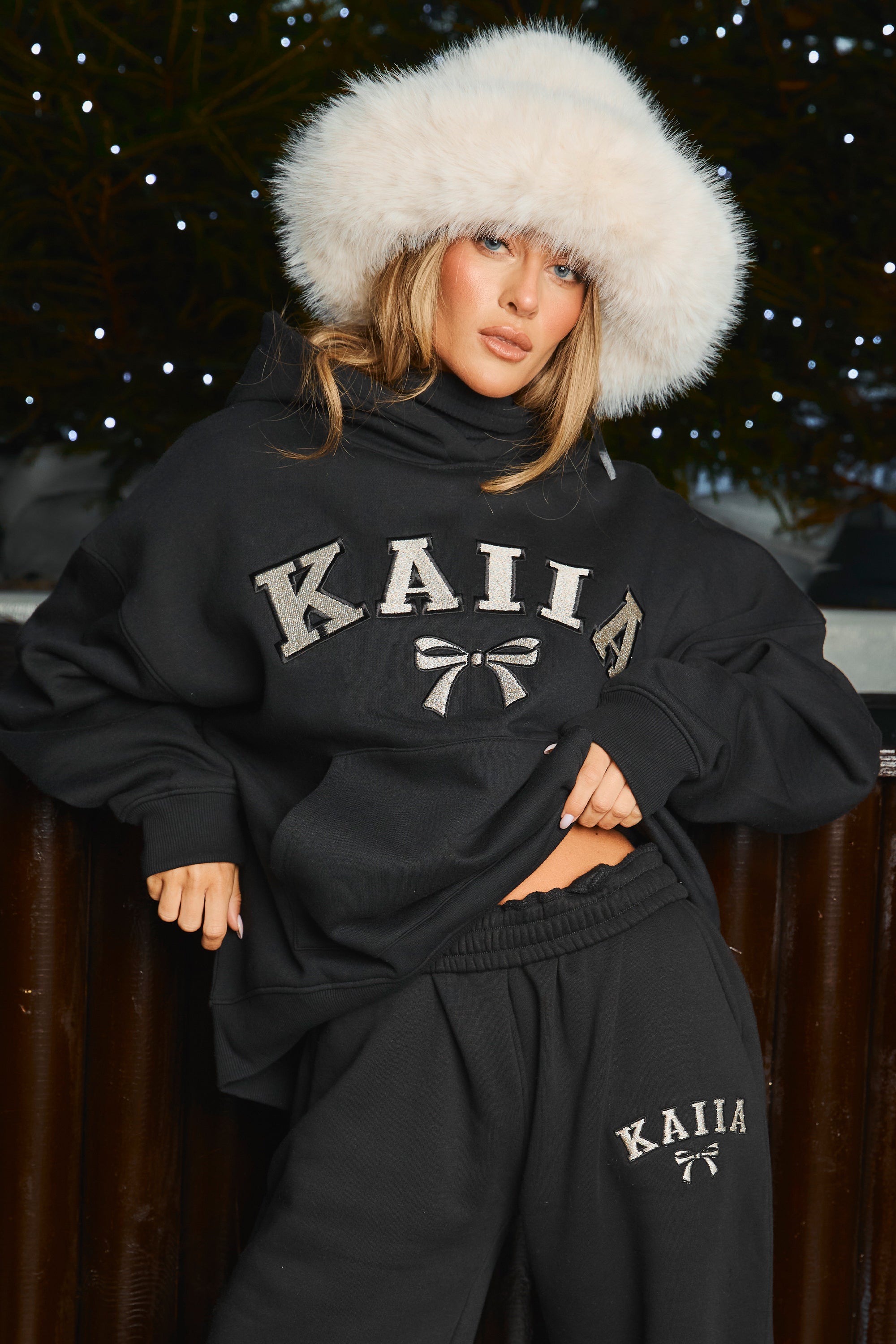 Kaiia Bow Embroidered Oversized Hoodie Black & Silver