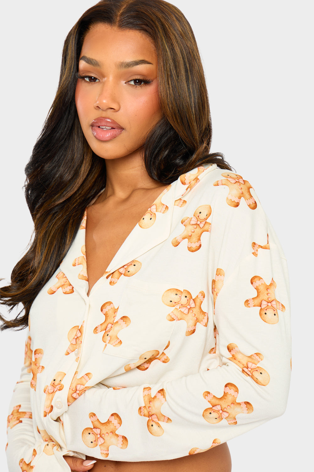 Kaiia Supersoft Gingerbread Slouchy Button Up Pyjama Shirt Cream & Brown