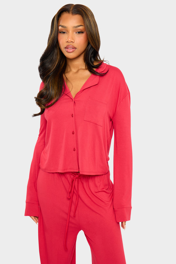 Kaiia Supersoft Slouchy Button Up Pyjama Shirt Red