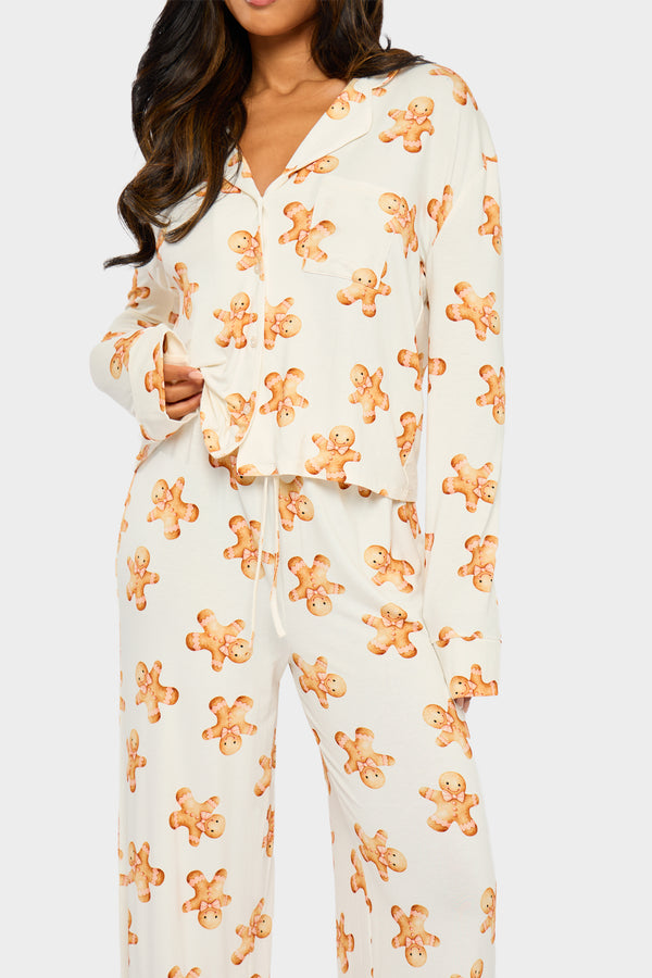 Kaiia Supersoft Gingerbread Slouchy Pyjama Trousers Cream & Brown