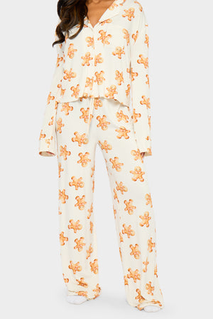 Kaiia Supersoft Gingerbread Slouchy Pyjama Trousers Cream & Brown