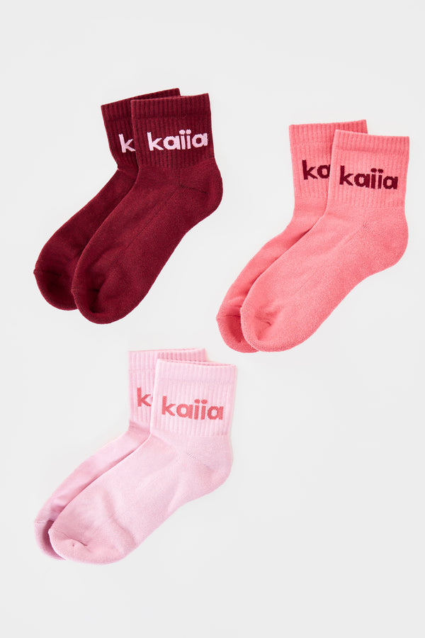 Pack of Three Kaiia Logo Socks Baby Pink, Mid Pink & Burgundy