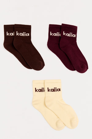 Pack of 3 Kaiia Bubble Logo Socks Lemon, Burgundy & Chocolate