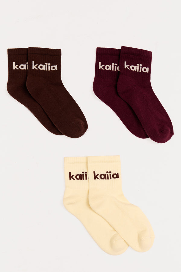 Pack of 3 Kaiia Bubble Logo Socks Lemon, Burgundy & Chocolate