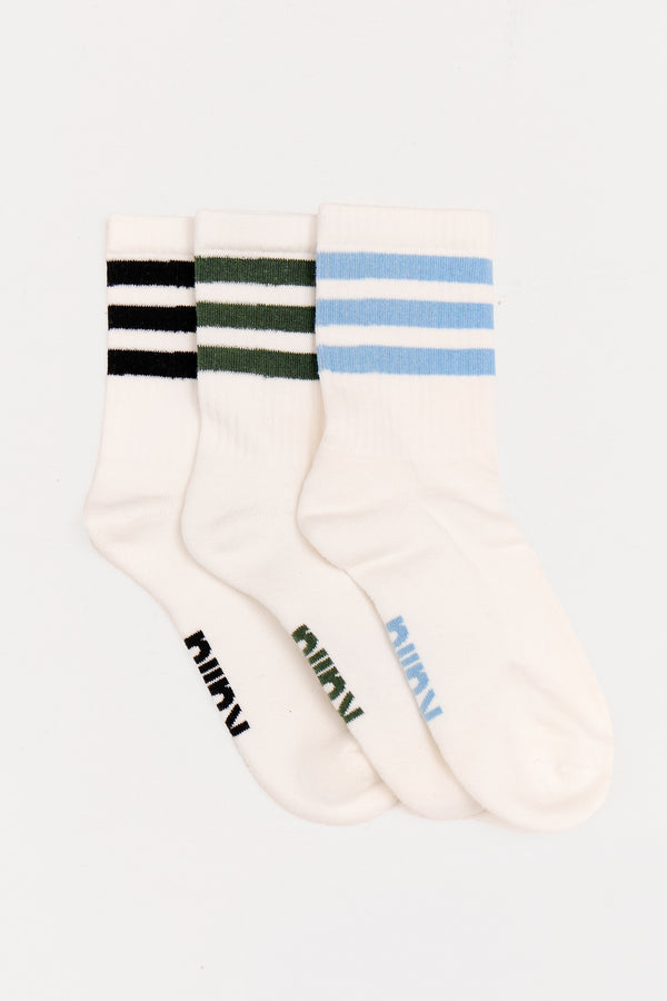 Pack of Three Kaiia Contrast Stripe Socks Black, Blue & Green