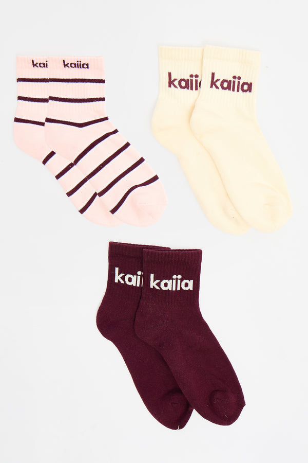 Pack of Three Kaiia Stripe Socks Pink , Cream & Burgundy